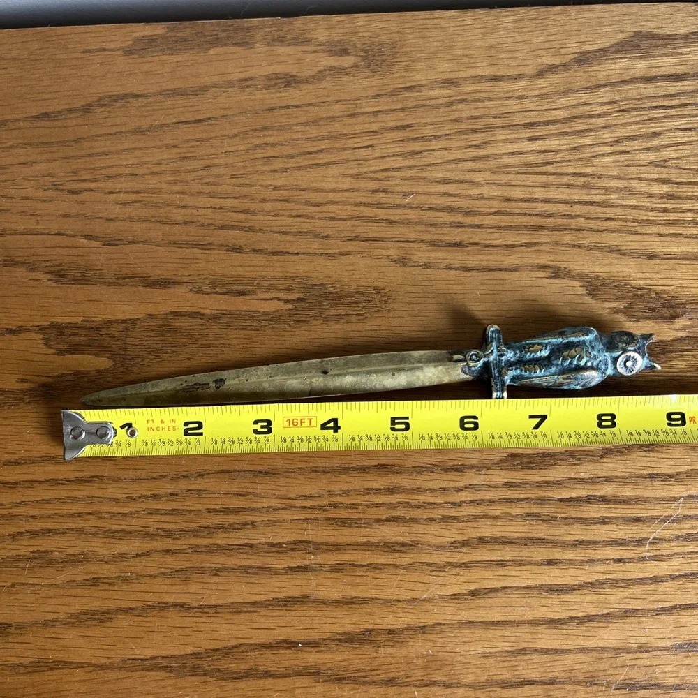 Vintage MCM Heavy Brass Owl Letter Opener Patina‎ Ornate 8.5